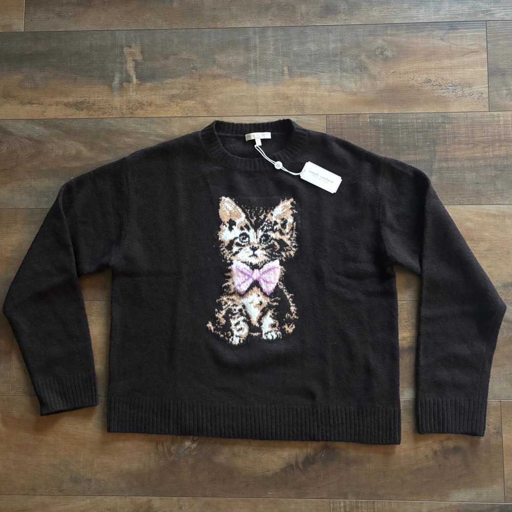 Simply Southern Brown Kitten Intarsia Soft Fuzzy Sweater Women's Size L